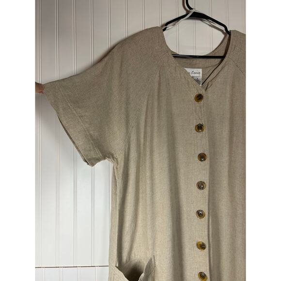 Betsy Lauren VTG Linen Rayon Tan button up Knee Length Dress Women Size 18 - Picture 2 of 10